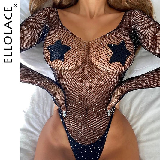 Ellolace Off Shoulder Glitter Long Sleeve Bodysuit