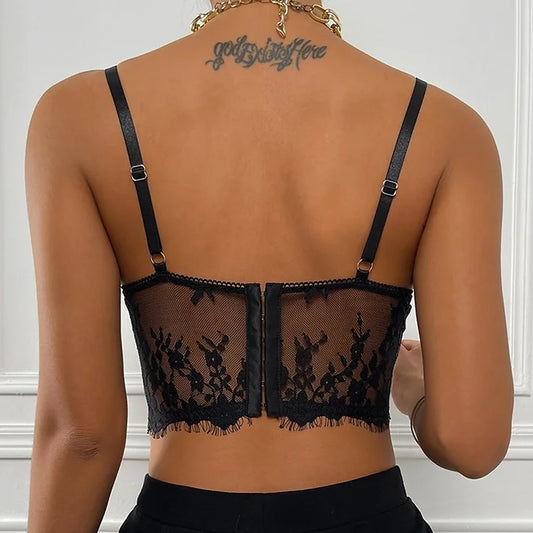 Sexy Vest Sensual Lashes Lace Perspective Low-Cut Small Backless Women Crop Cor