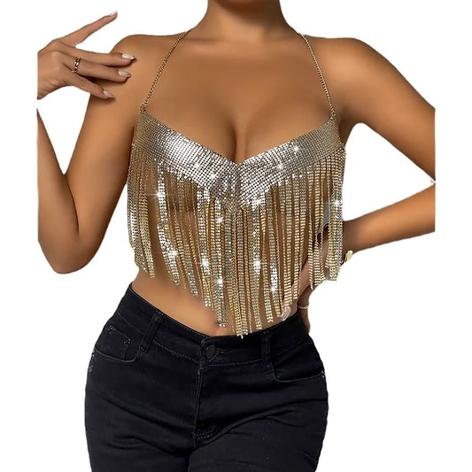 Low cut metal top with tassel corset backless