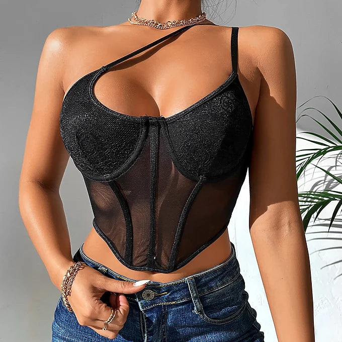 Hot girl vest sexy lace camisole fishbone slanted shoulder black corset top