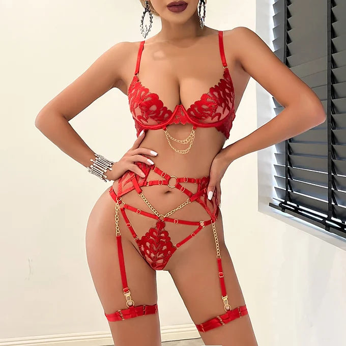 Chain Webbing lingerie women Four-piece Red set