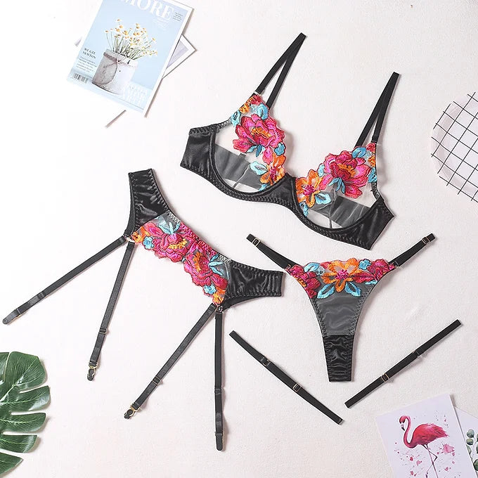 Flower Embroidered Color Lingerie