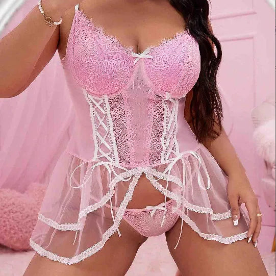 Erotic Backless Lace Mesh Babydoll Set Plus Size Lingerie Women