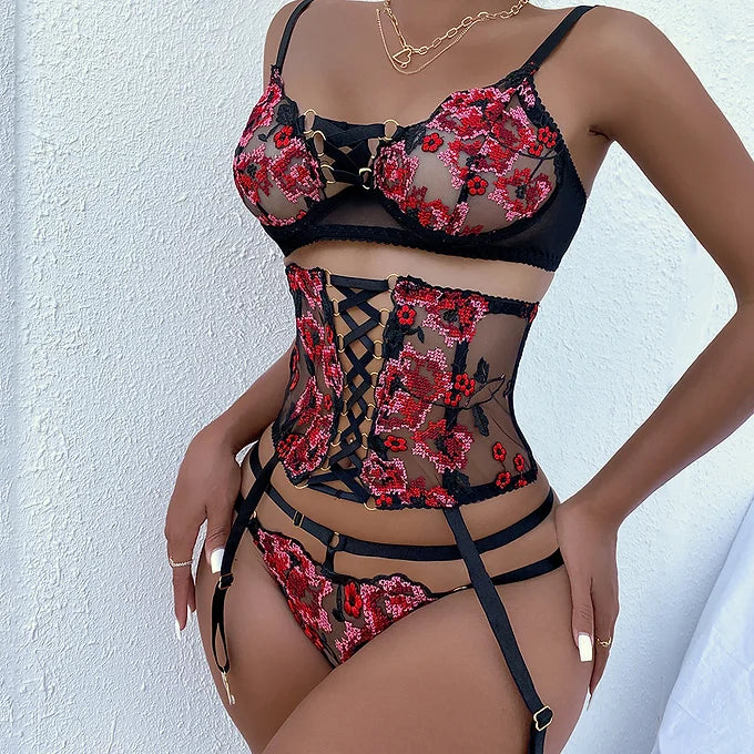 Black Floral Embroidery With Underwire And Girdle Cross Strap Sexy Hottie Thre