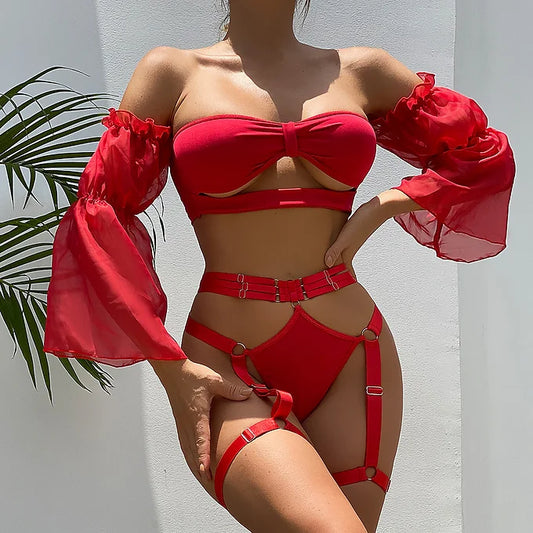 Sexy Girls Red Exotic Three-Piece With Garter And See-Through Sleeve Mesh Spli