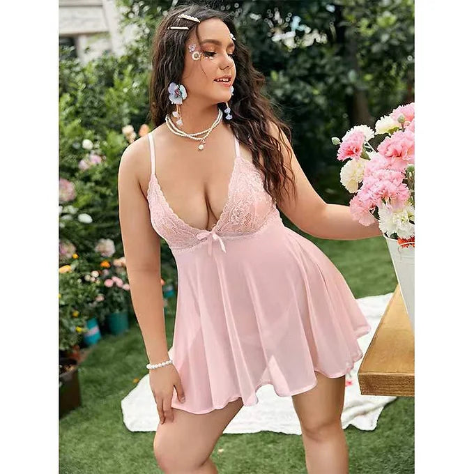 Sexy Deep V Lace Set Pink Lingerie Women Plus Size