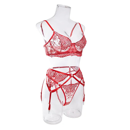 Embroidery Mesh Lace New Year Valentine's Day 3 PCS Red Lingerie