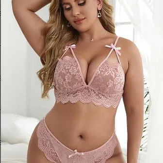 Transparent Lace Backless Bra And Underwear Set Plus Size